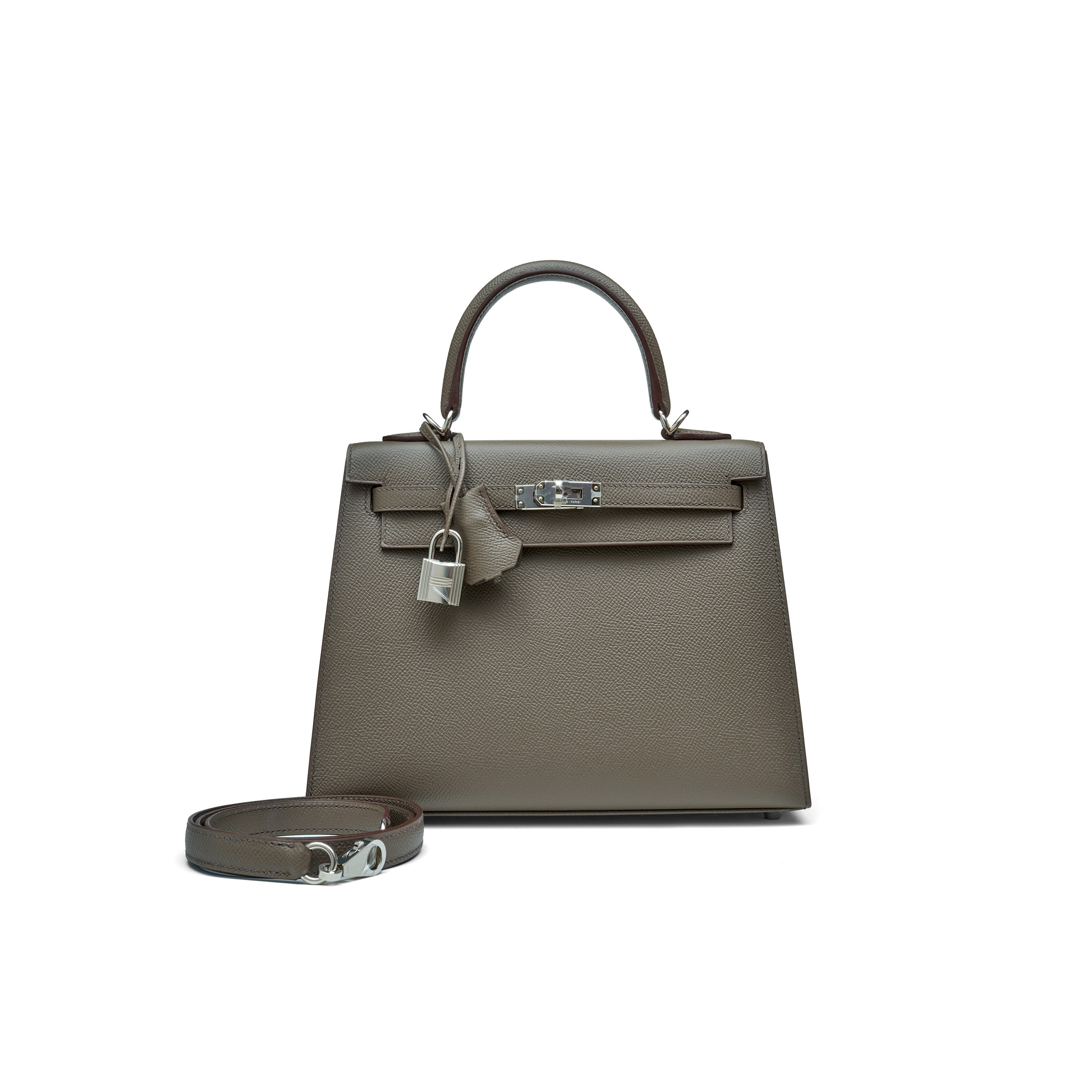 HERMÈS GRIS TOURTERELLE EPSOM KELLY 25 SELLIER PALLADIUM HARDWARE (25*17*7cm) 